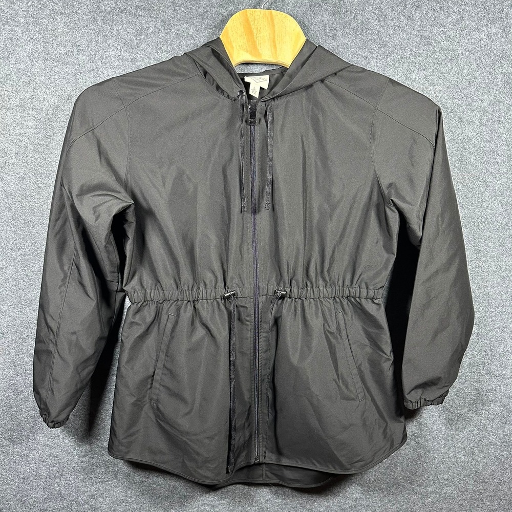 St Johns Bay Womens Black Hooded Windbreaker Jacket Cinched Waist Large L